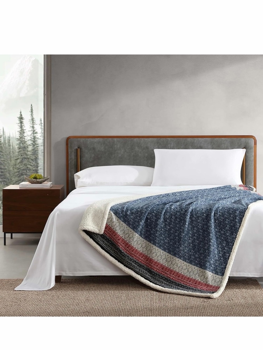 Eddie Bauer Blue Patterned Reversible Sherpa Throw with Red and Cream Stripes